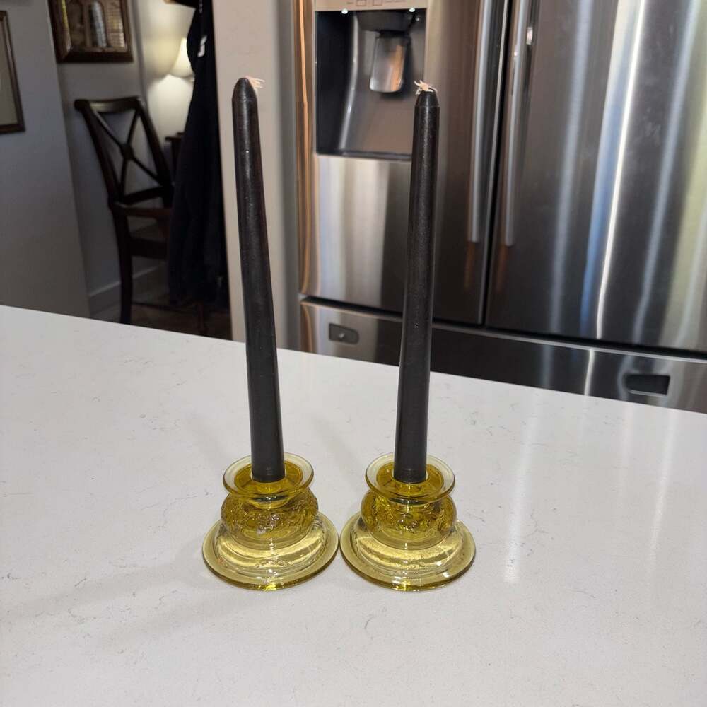 Vintage Federal Glass Madrid Amber Yellow Depression Glass Candle Holder Pair